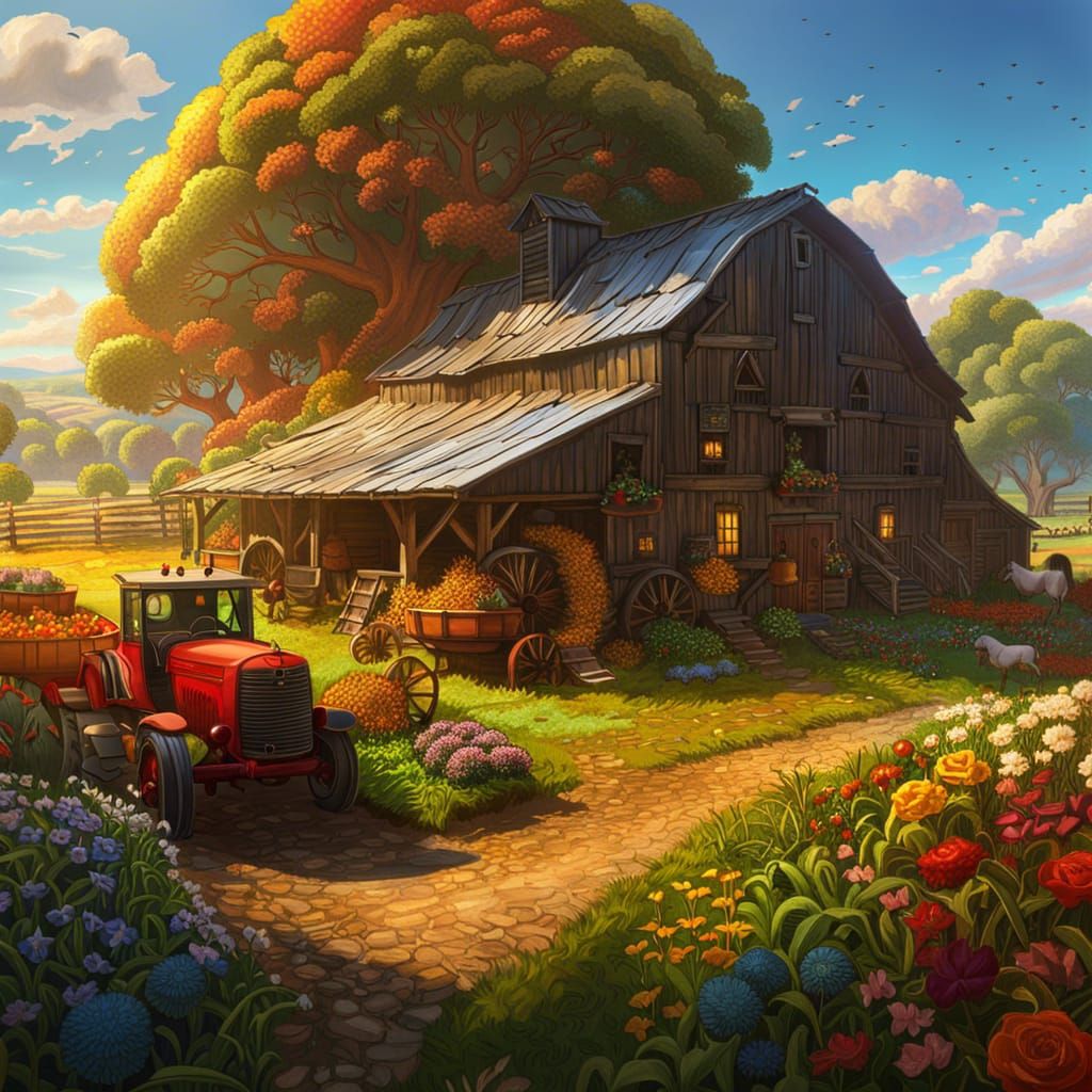 Fantastic Farm Scene with Sunlight, Hyperdetailed Art