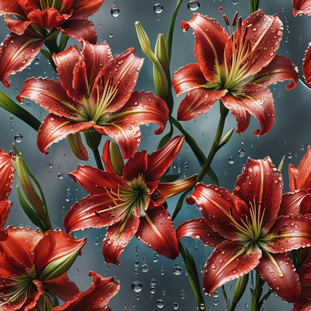 Red Lilies with Water Droplets: Hyper-Realistic Digital Art