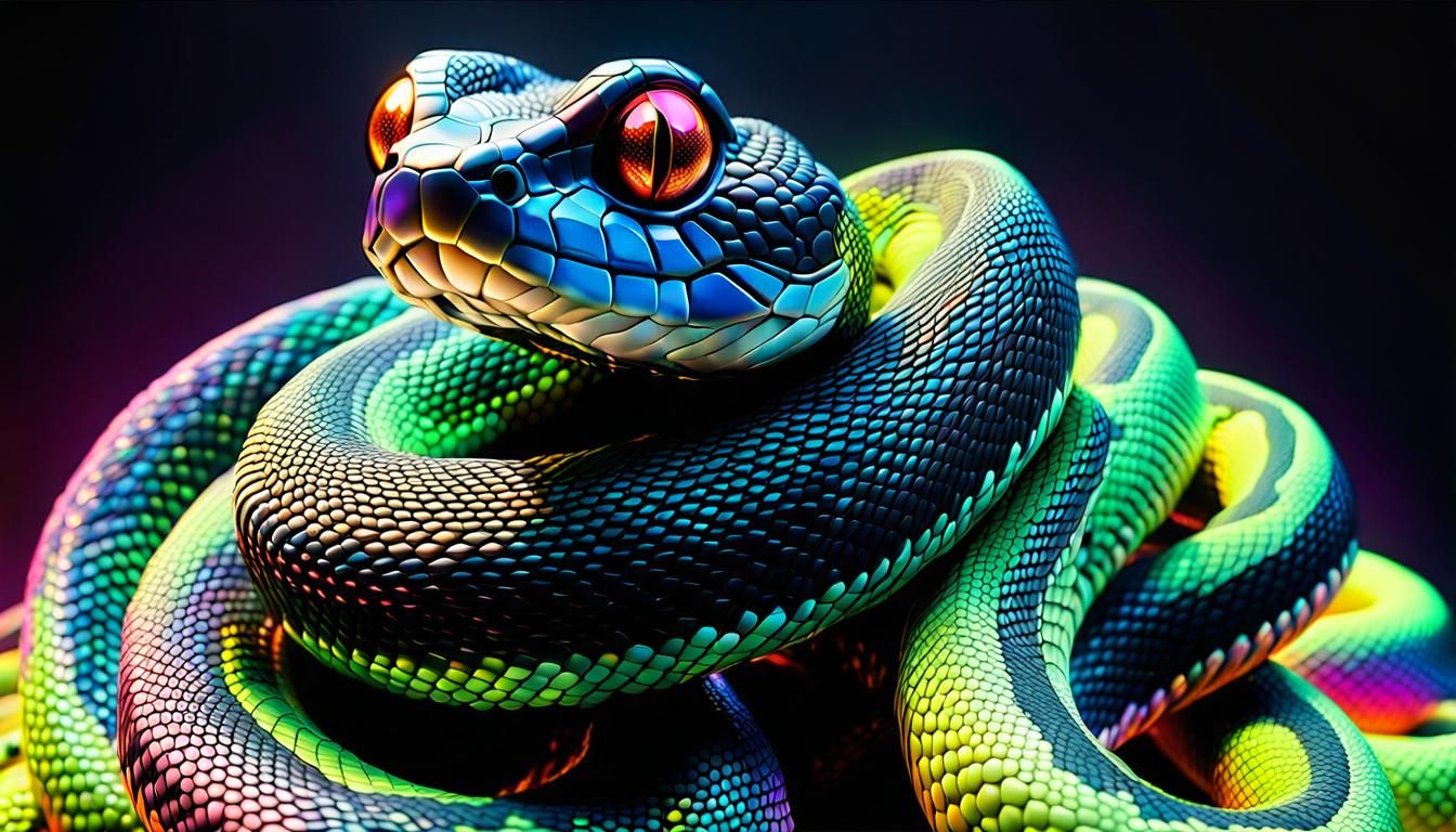 Barbarella on Giant Snake in Neon 3D Mesh