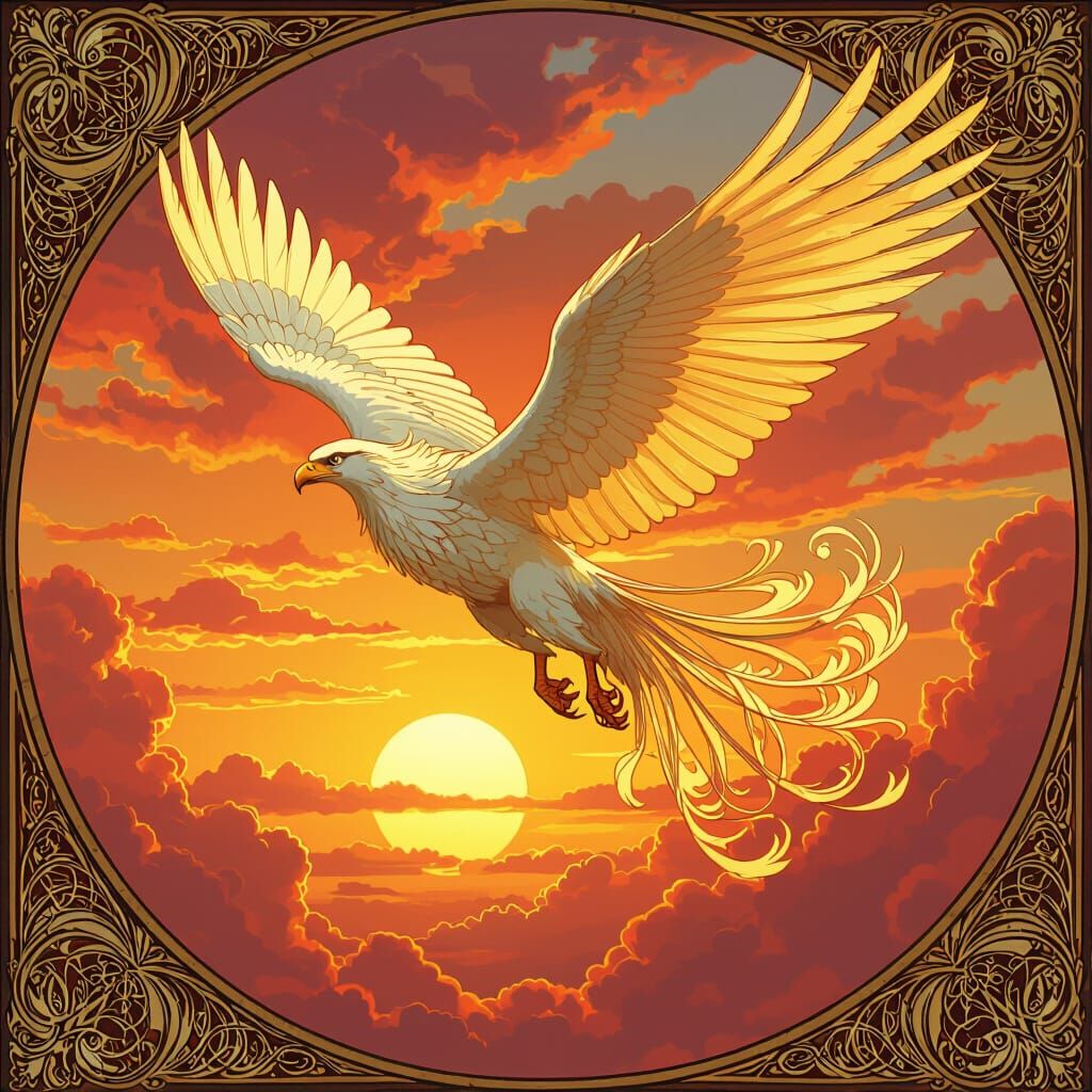 Griffin Soaring Through Sunset Sky in Art Nouveau Style