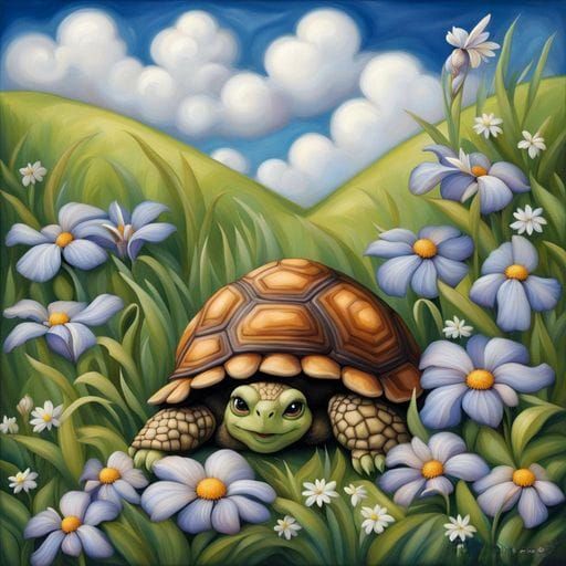 Whimsical Tortoise in Flower Meadow Illustration
