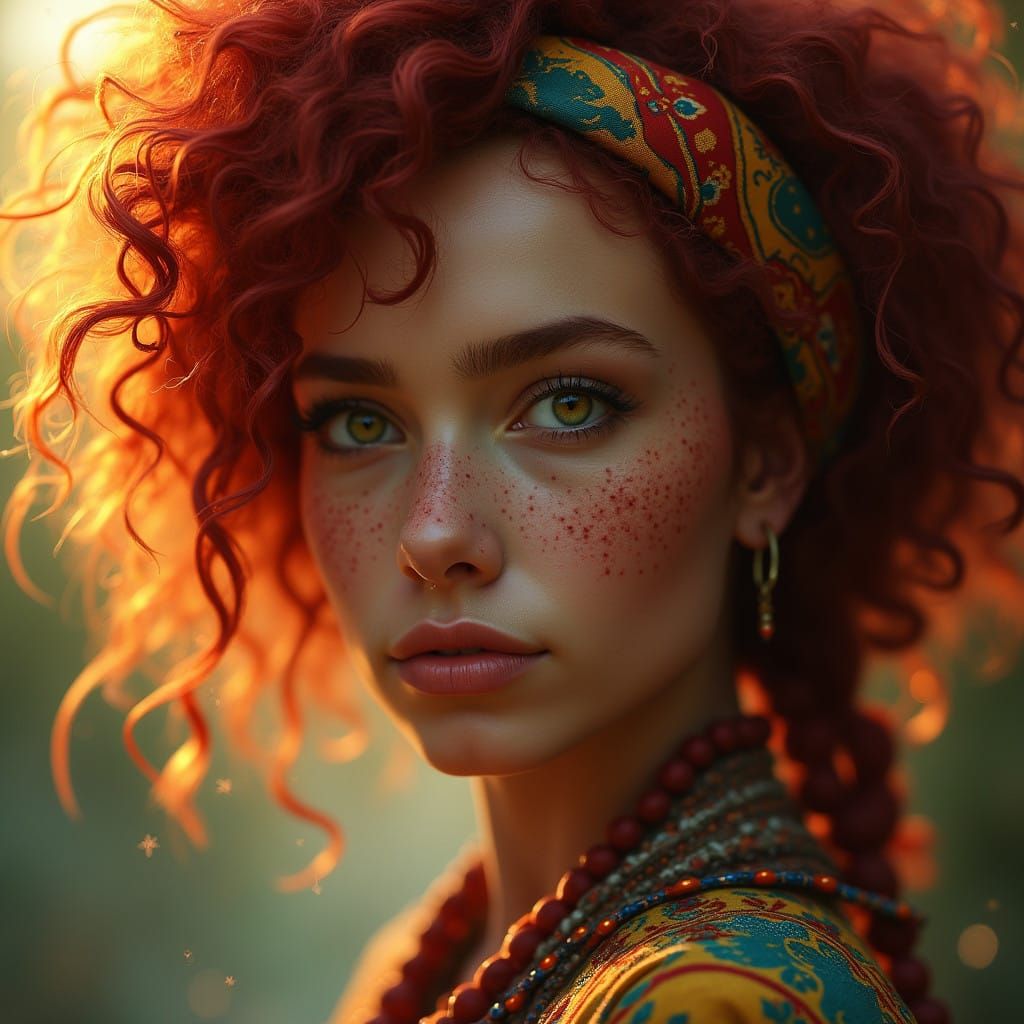 Golden Goddess with Vibrant Red Hair