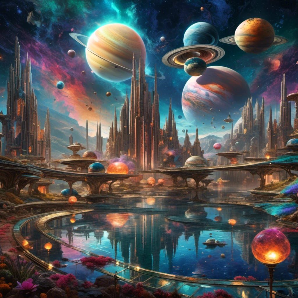 Colorful Saturn and Nebulas Reflecting in Alien City