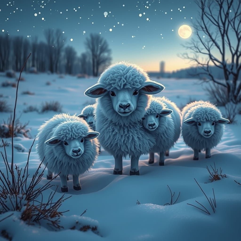 Whimsical Winter Sheep in Noctilucent Landscape