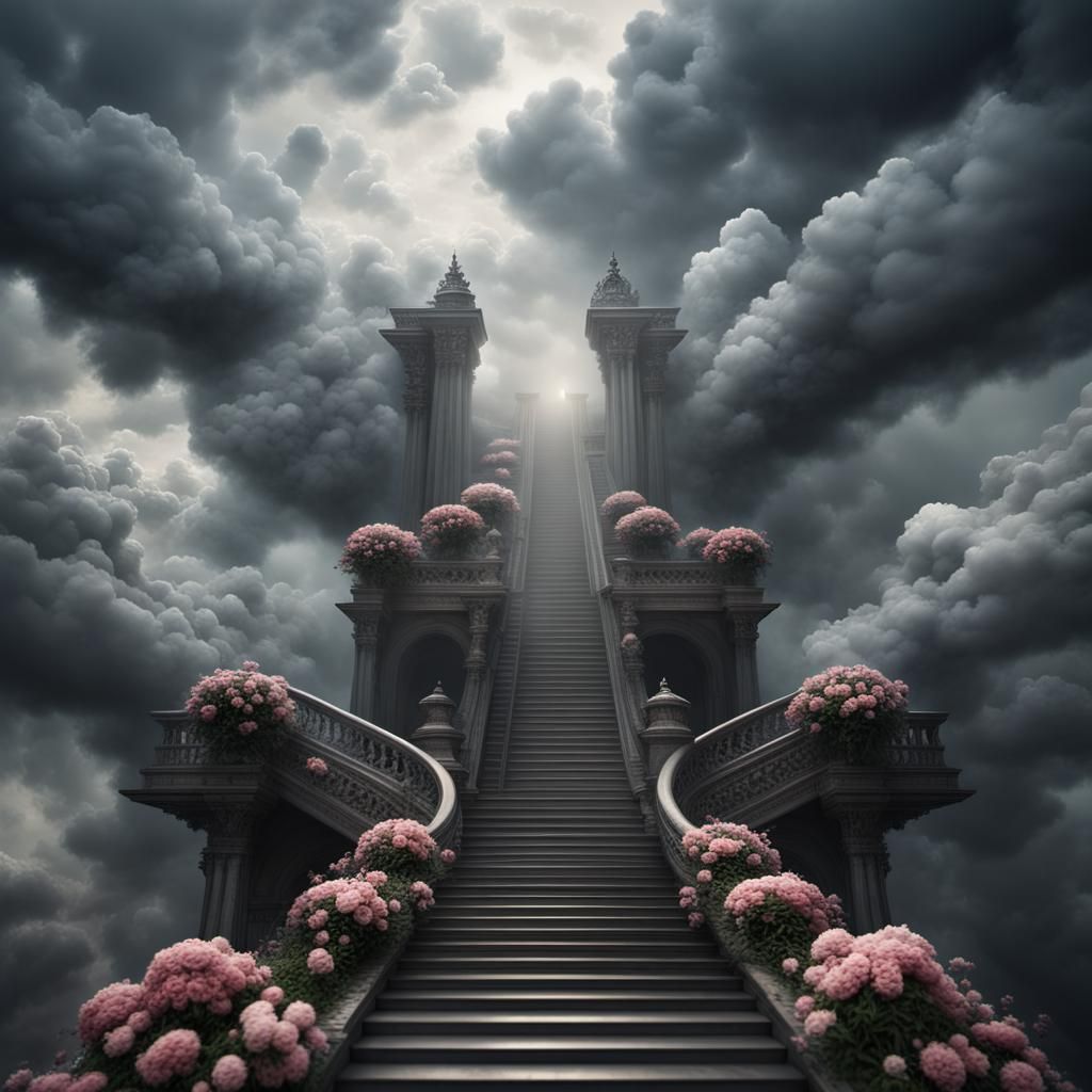 Stairway to Heaven Amidst Flowers and Clouds