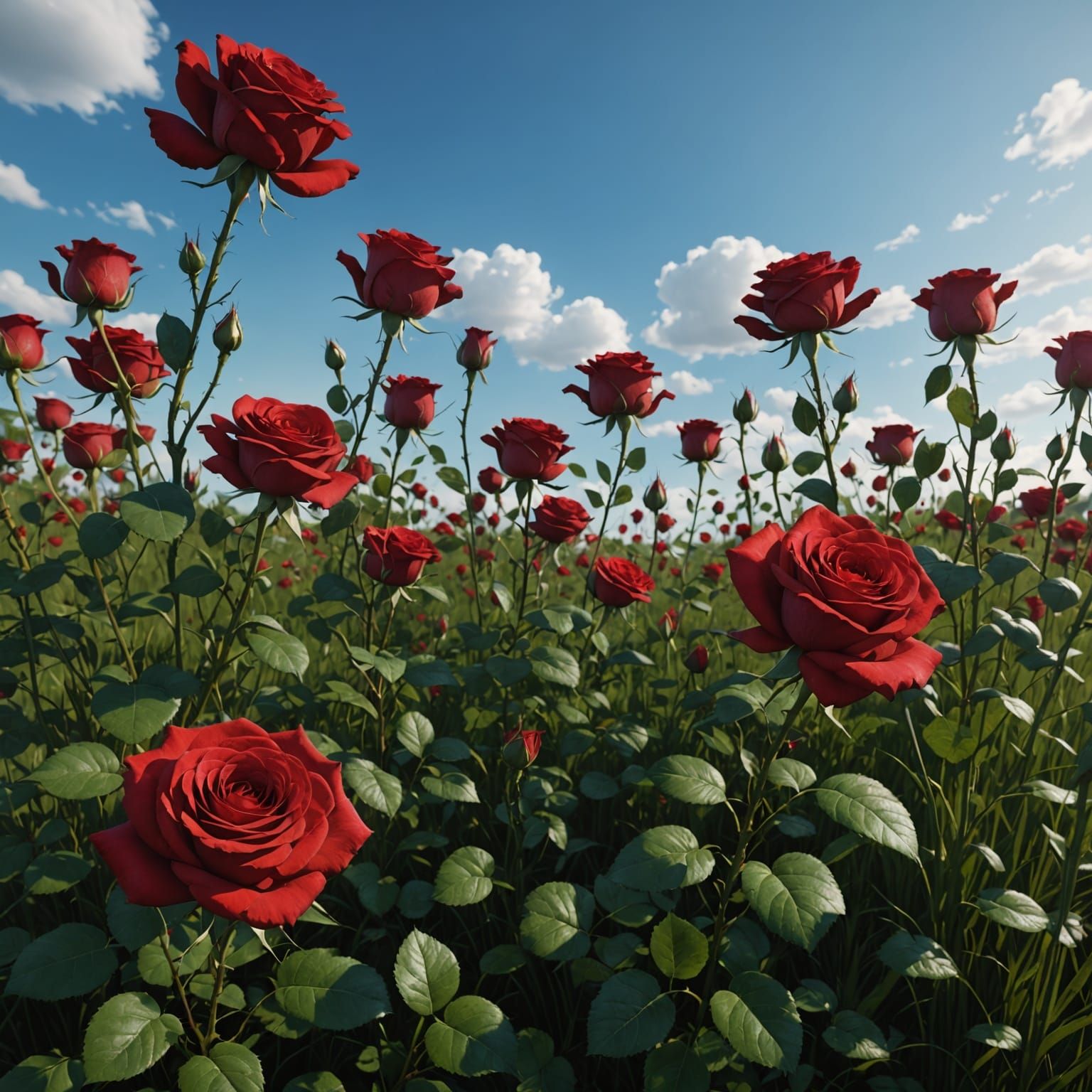 Vibrant Fantasy Landscape with Red Roses and Blue Sky