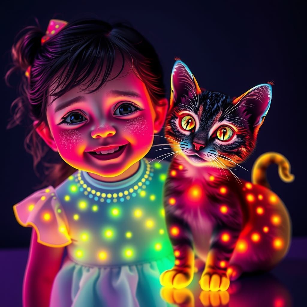 Ethereal Fluorescent Portrait of Girl and Cat