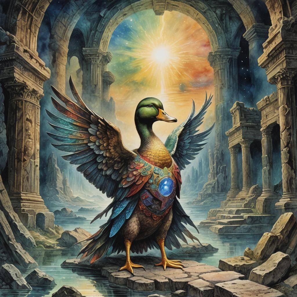 Cosmic Duck Warrior in Ancient Ruins Watercolor