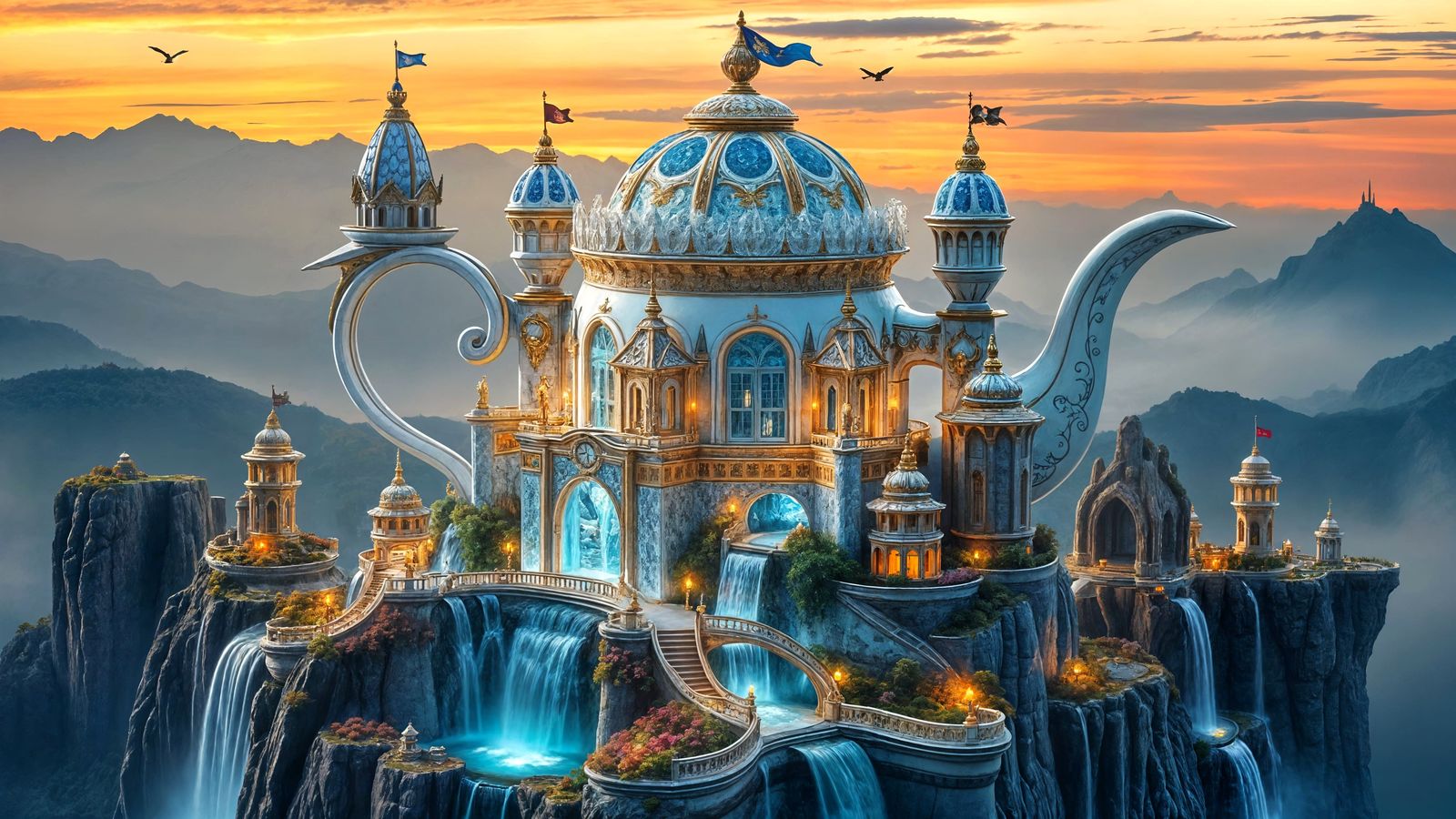 Fantasy Castle Made of Porcelain Teapots in Enchanted Landsc...