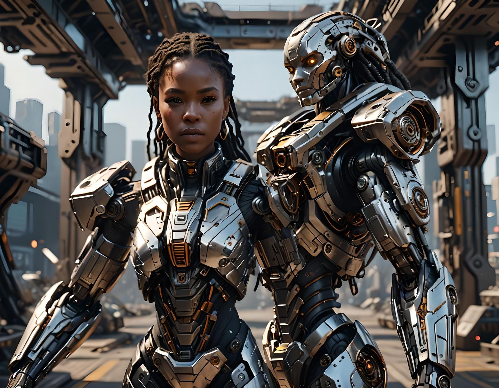 Futuristic African American Cyborg in Sci-Fi Cityscape