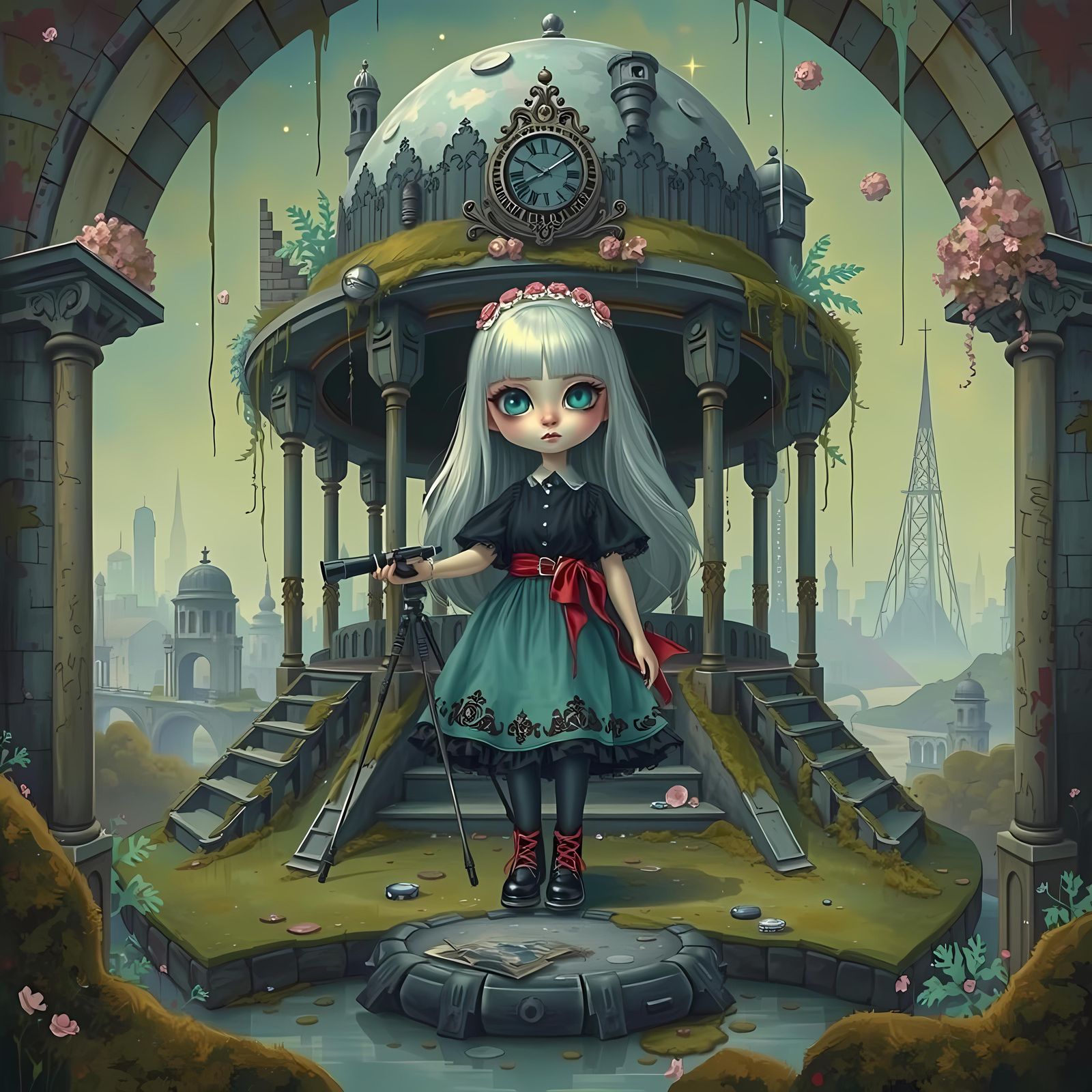 Pastel-Goth Alien Girl in Ruined Observatory