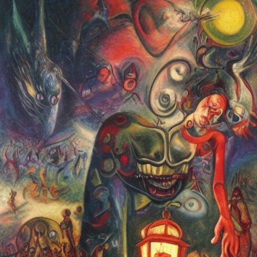 Surreal Vampire Lantern in Dreamlike Oil Painting