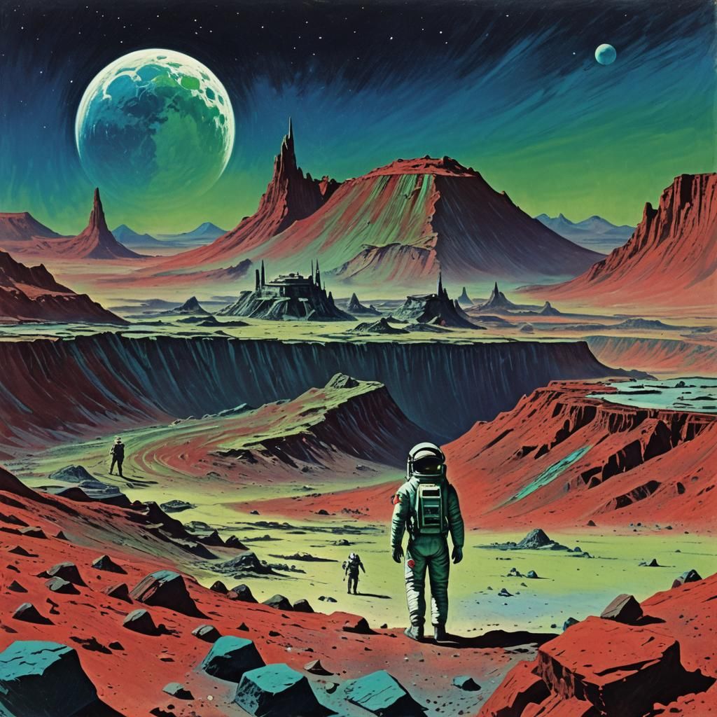 Lunar Crater Ancient Ruins: Vintage Sci-Fi Pulp Art