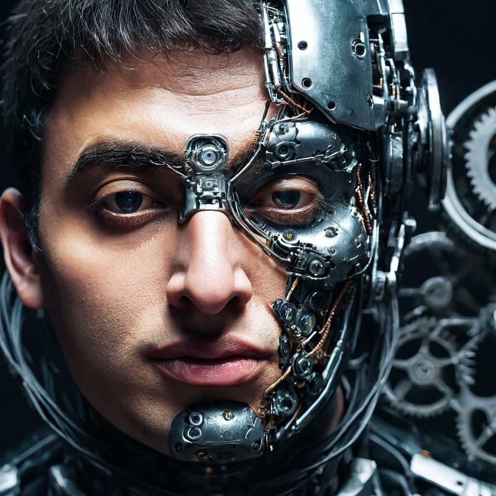 Cyborg Portrait: Boy with Metal and Human Face