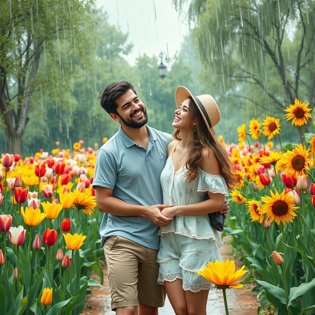 Turkish Couple Embracing in Summer Rain, Impressionistic Sty...