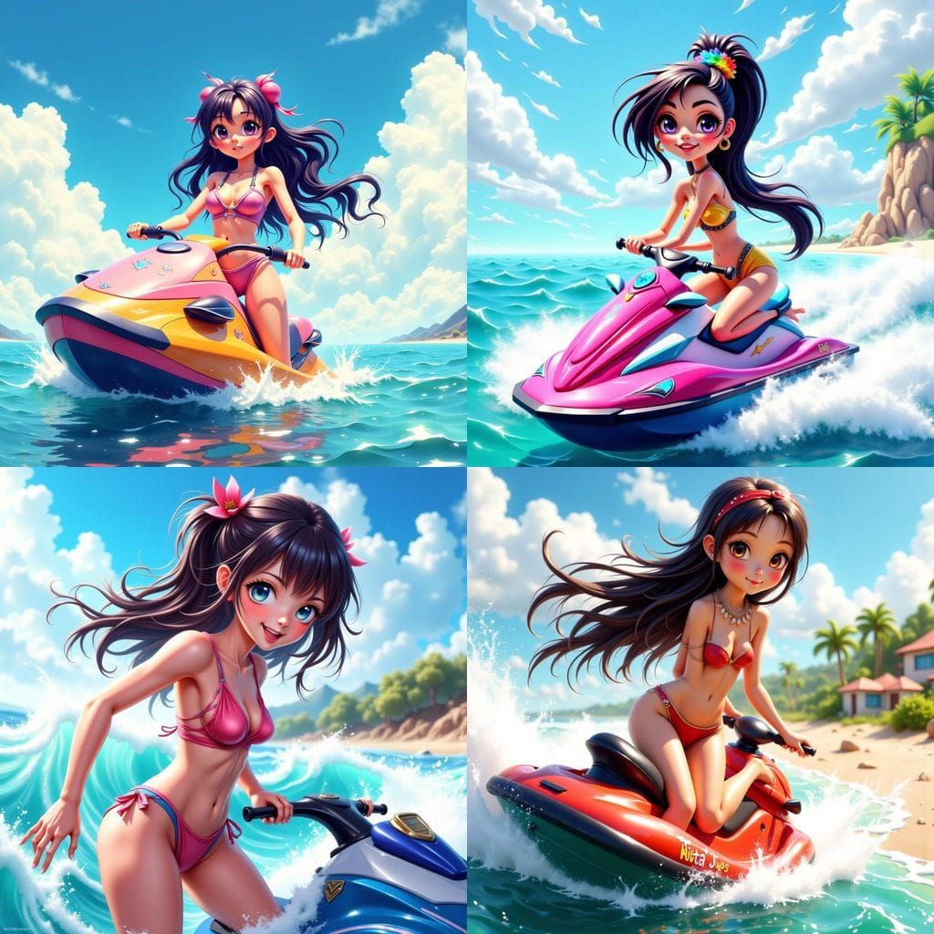 Anime Character Betsi Riding a Jet Ski in Hyperreal Colors