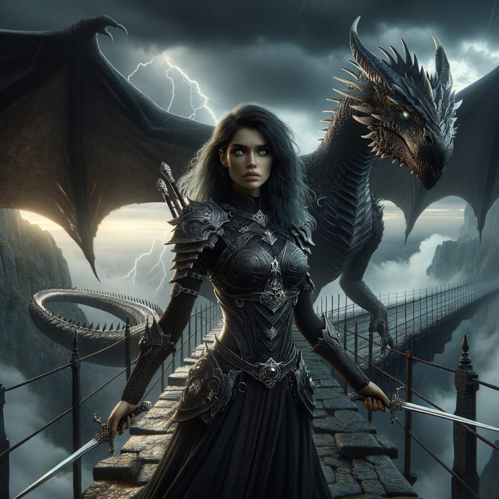 Dragon Rider on Stormy Bridge at Dawn