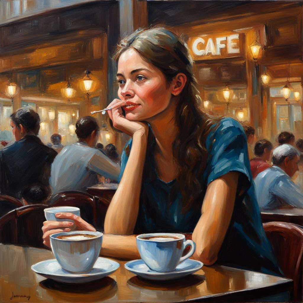 Woman Enjoying Coffee in Cafe: Oil Painting Style