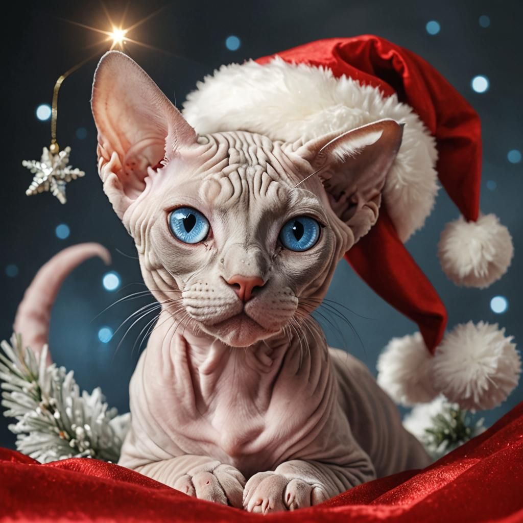 Festive Blue-Eyed Sphynx Cat with Christmas Tree