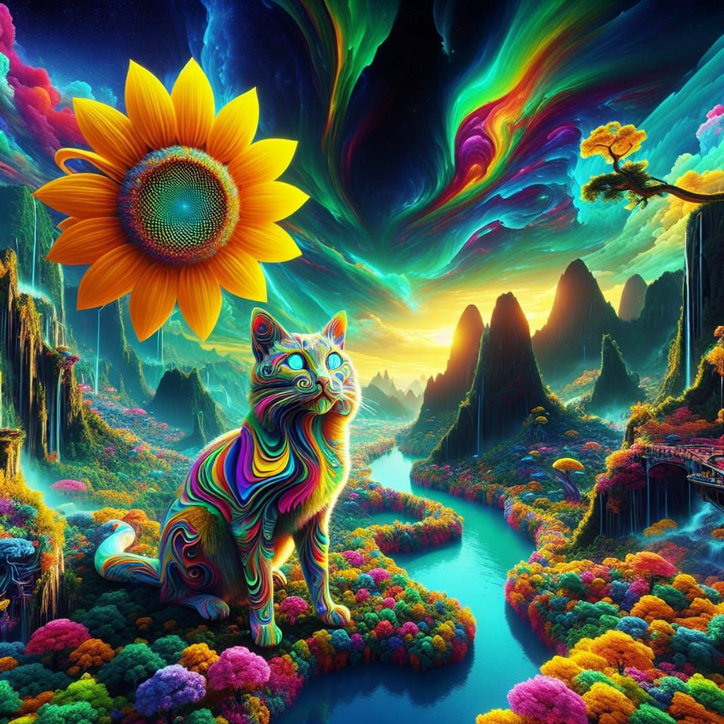 Surreal Chinese Cat Sunflower Dreamscape
