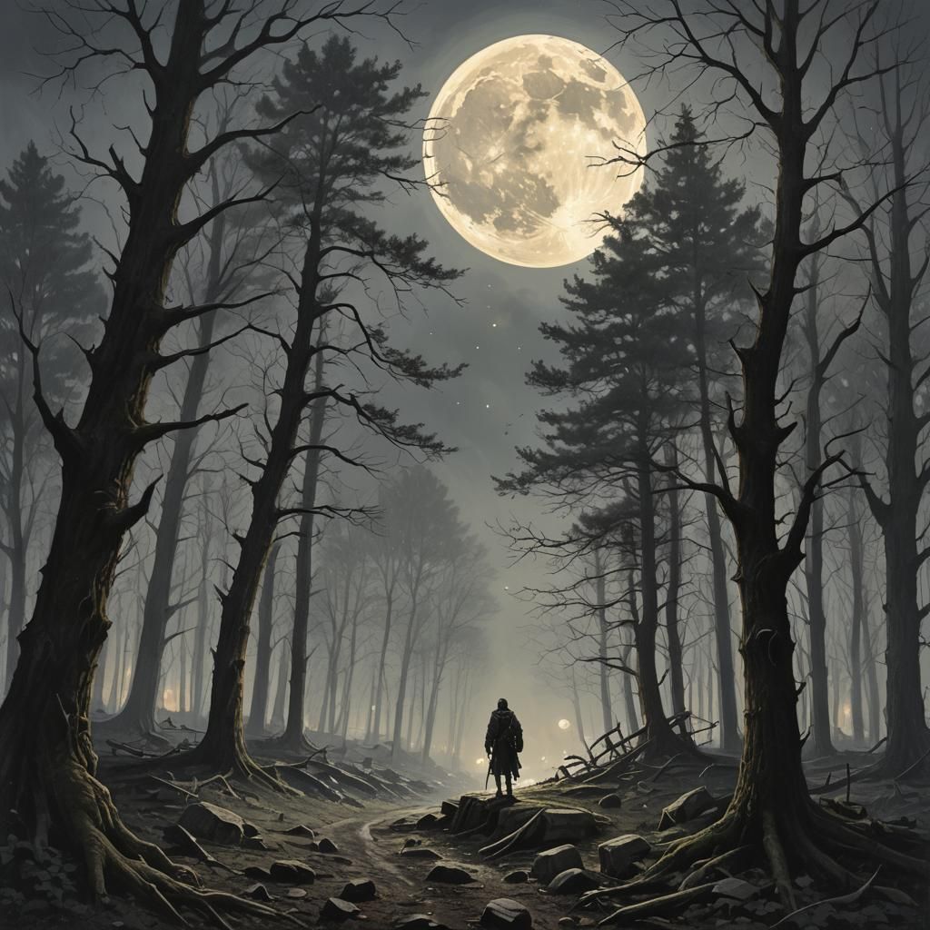 Sinister Moon Over Forest: A Greg Rutkowski Inspired Scene