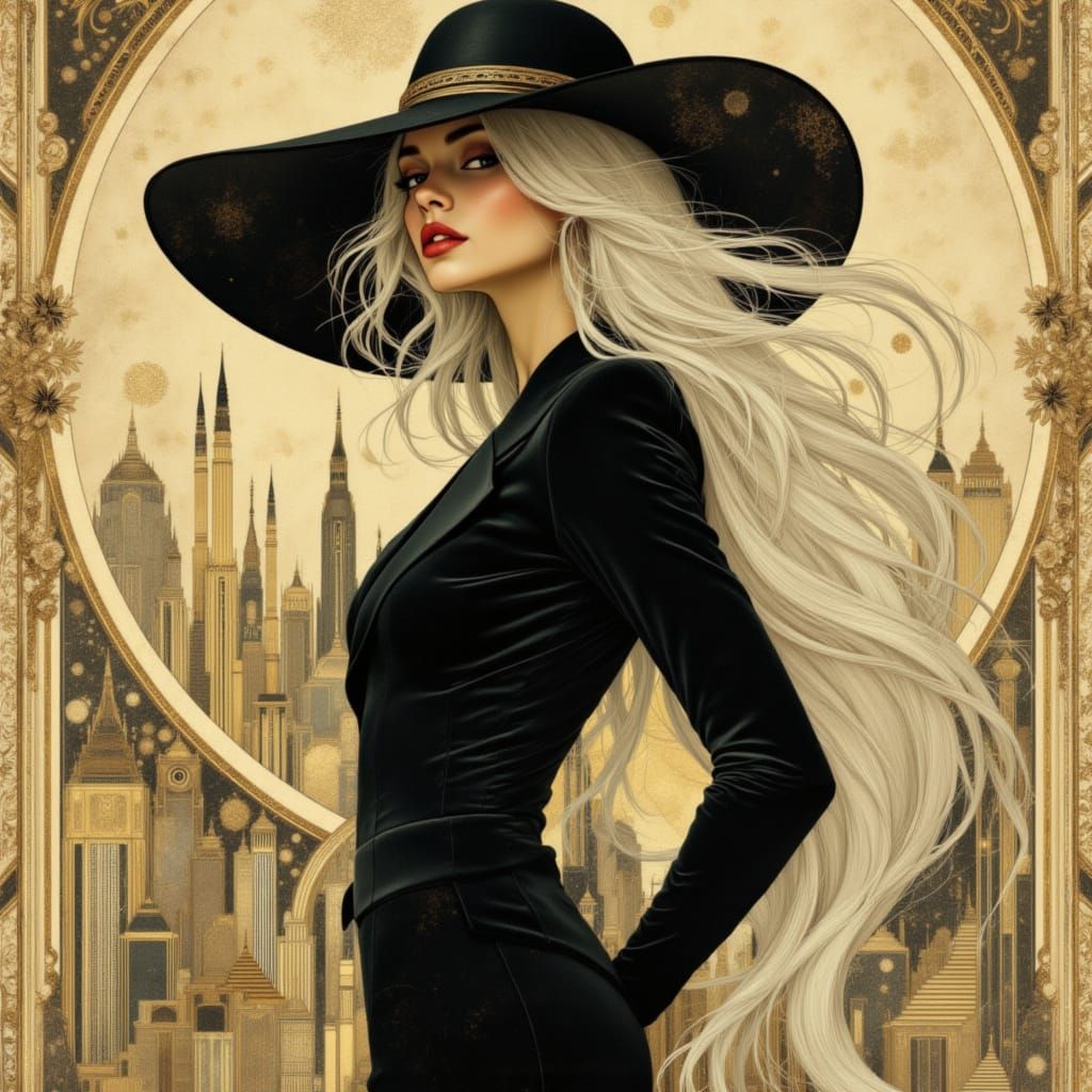 Elegant Woman in Pantsuit, Art Nouveau Style