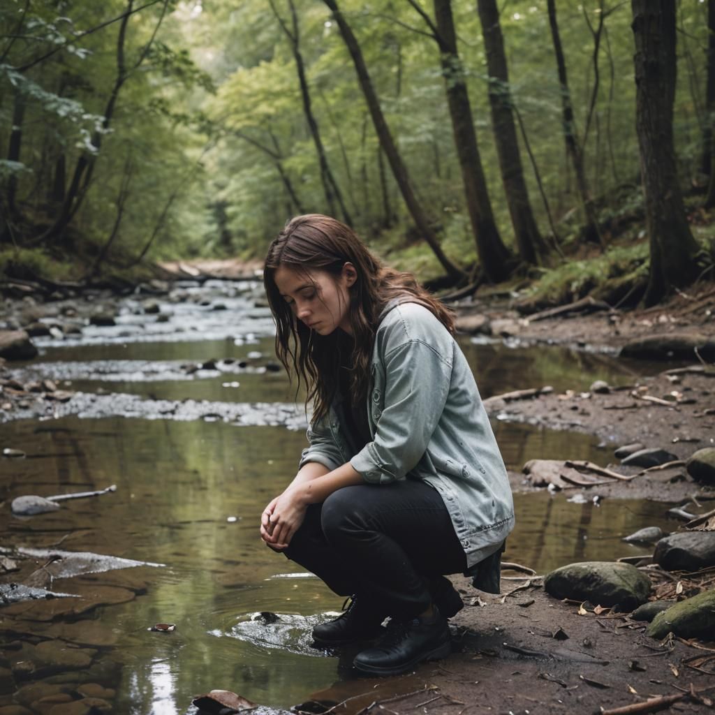 Sad Woman Kneeling by Creek in Forest