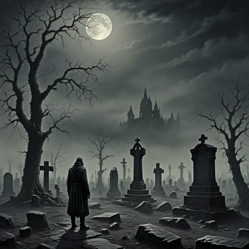 Gothic Graveyard Digital Painting in Dark Romanticism Style