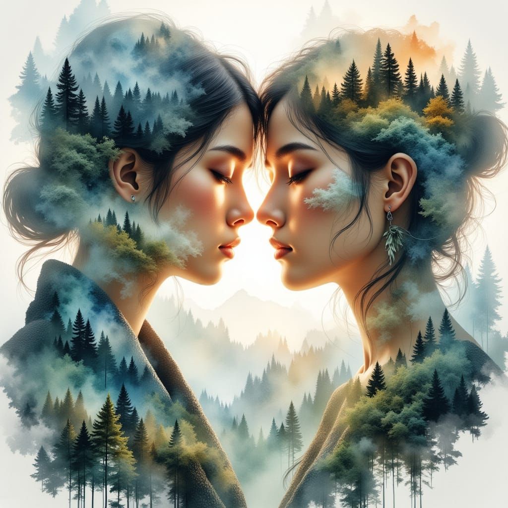 Double Exposure Love Portrait: Winter & Spring Realms