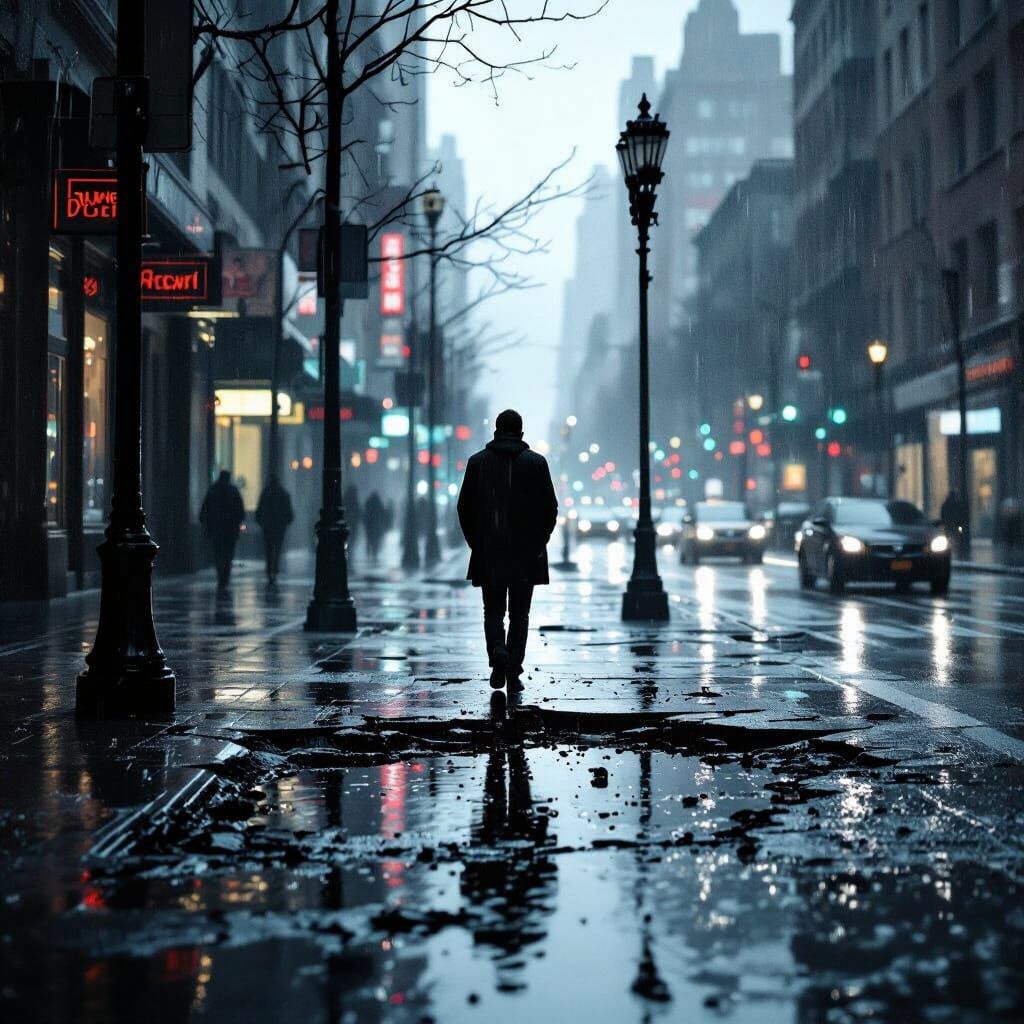 Man Navigates Urban Sinkholes in Neo-Noir Style