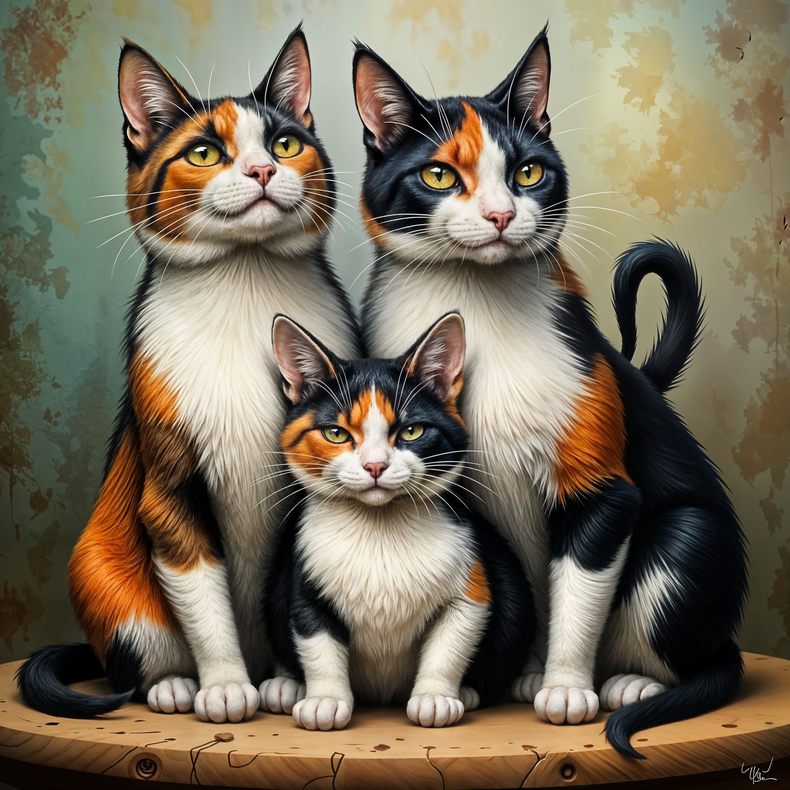 Calico Cat Family Portrait Showing Affection