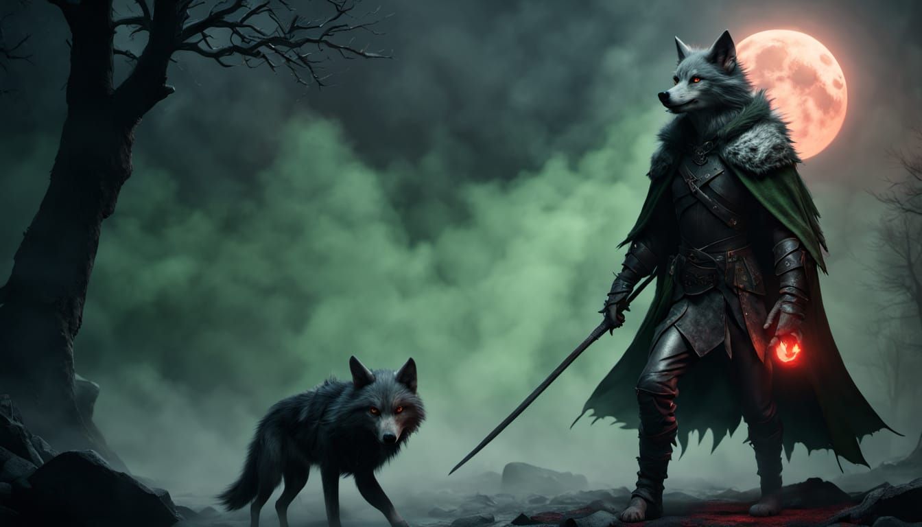 Goblin Warrior on a Grey and Black Wolf in a Dreamlike Fanta...