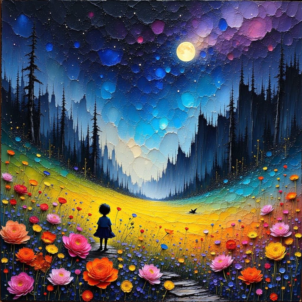 Boy in Rose Garden Under Starry Void