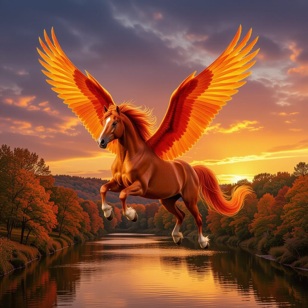 Auburn Pegasus with Flaming Wings Over Autumn River