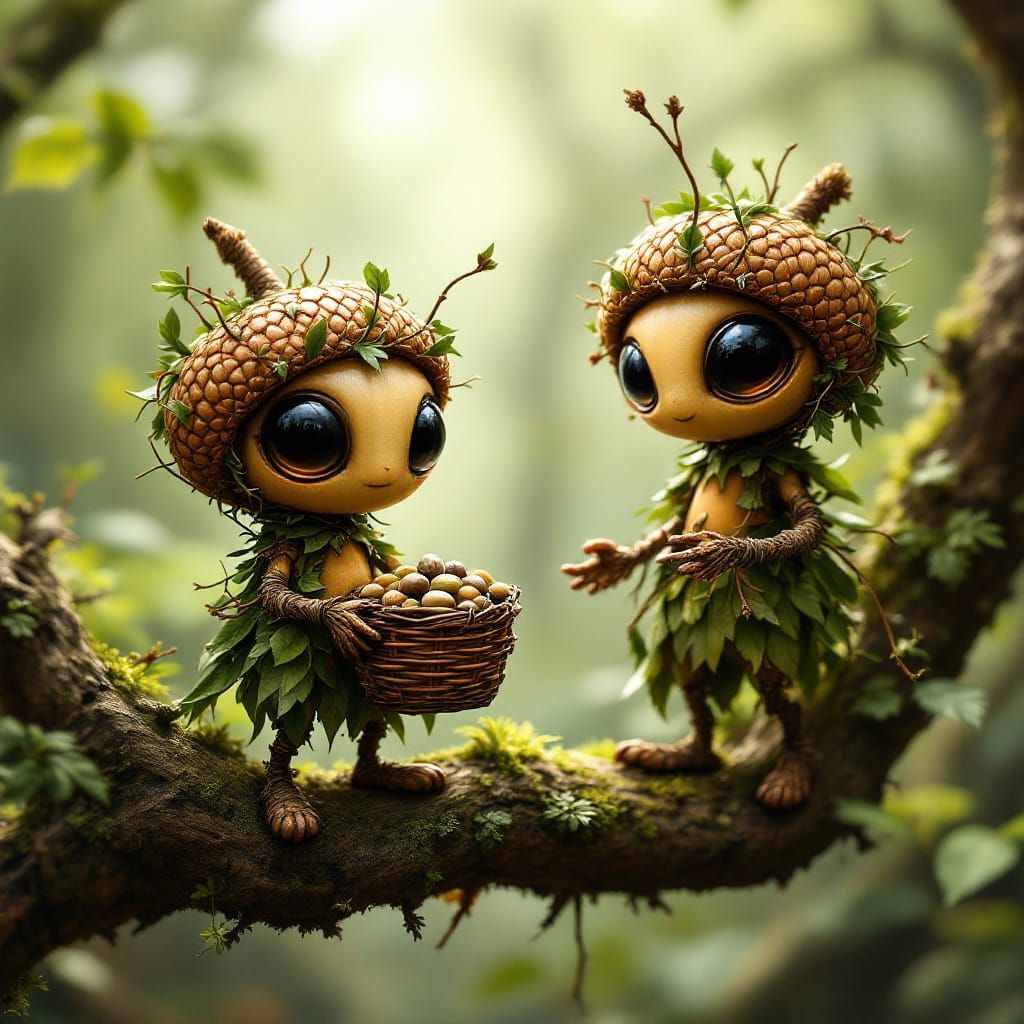 Whimsical Acorn Folk in Rustic, Earthy Attire