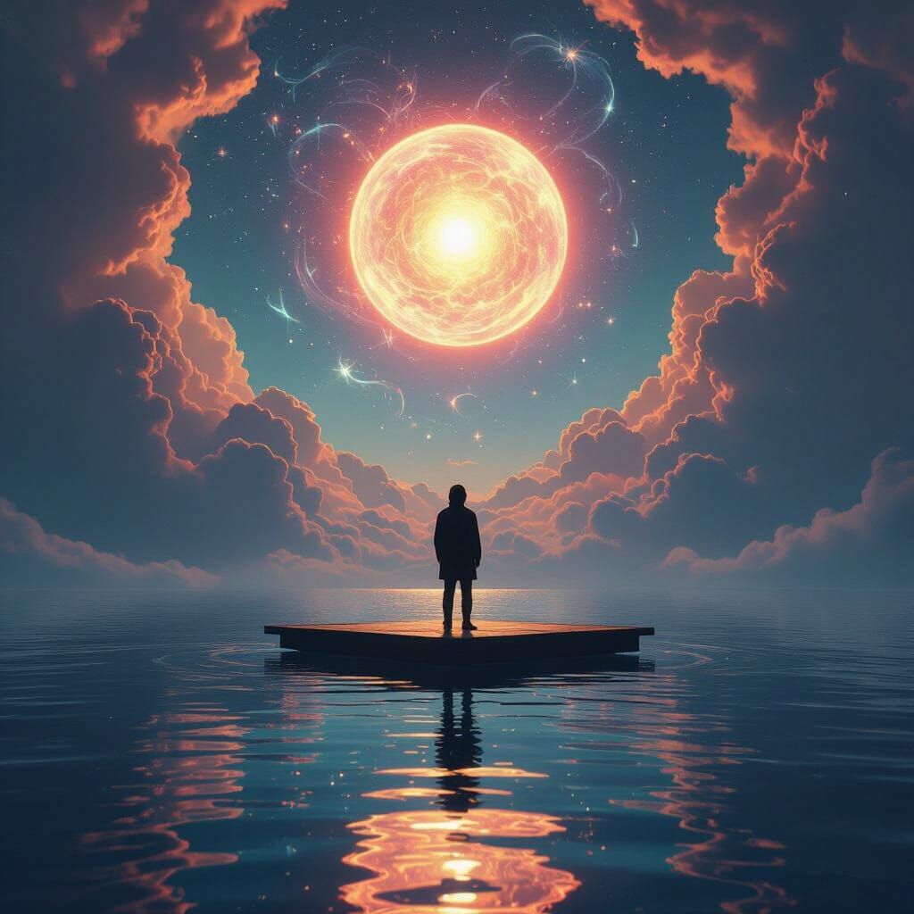 Figure Gazes at Celestial Orb Above Neon Ocean