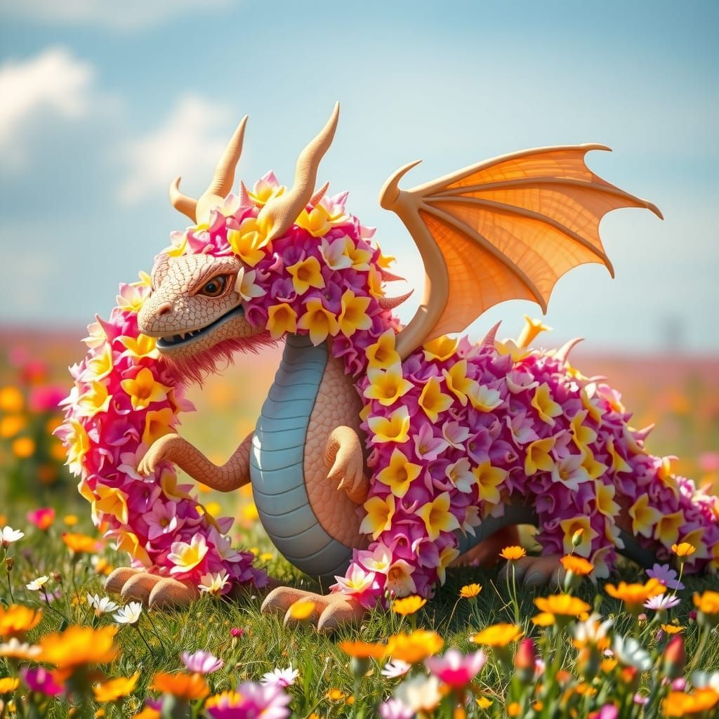 Majestic Floral Dragon in Sunny Meadow