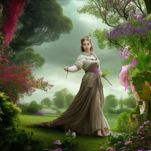 Maiden in Garden: Detailed Digital Matte Painting