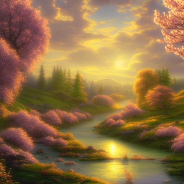 Blooming Town in Idaho Valley: Kinkade & Rousseau Style