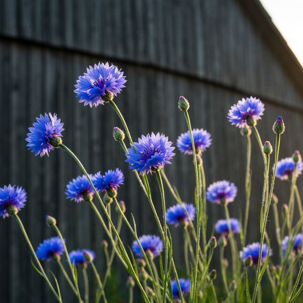 Vibrant Cornflowers Bloom Beside Faded Old Barn in Golden Ho...