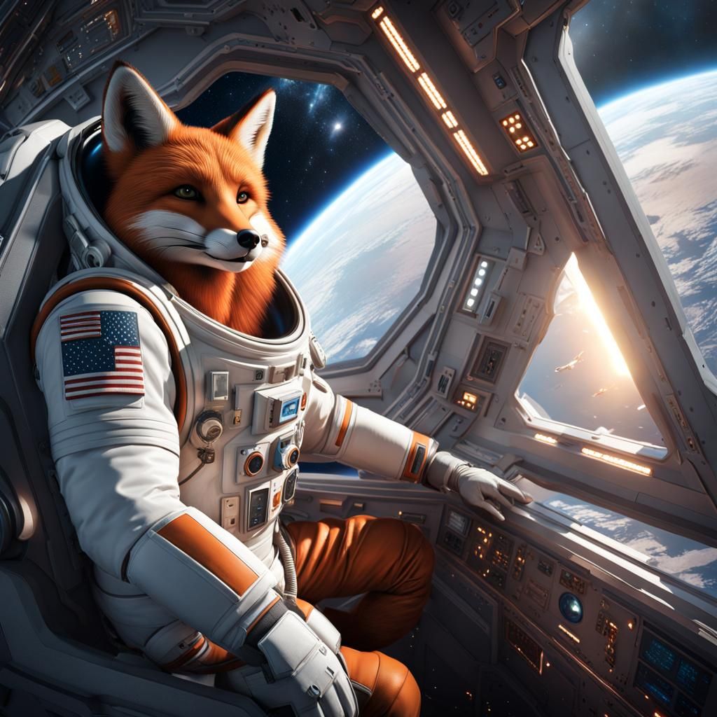 Anthropomorphic Fox Piloting Spaceship in Hyperrealism