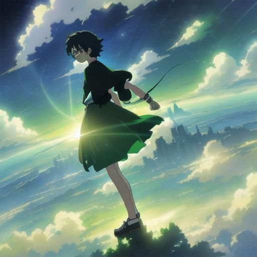 Green Wind Mage in Anime Key Visual Style