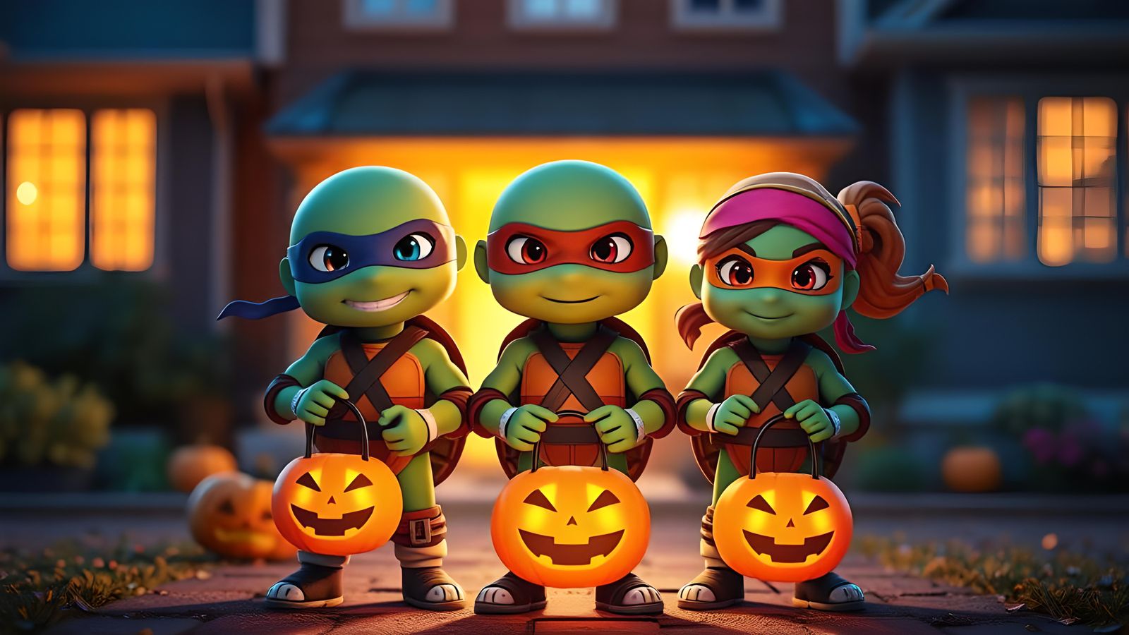 Chibi Ninja Turtles Halloween in 3D Cartoon Style