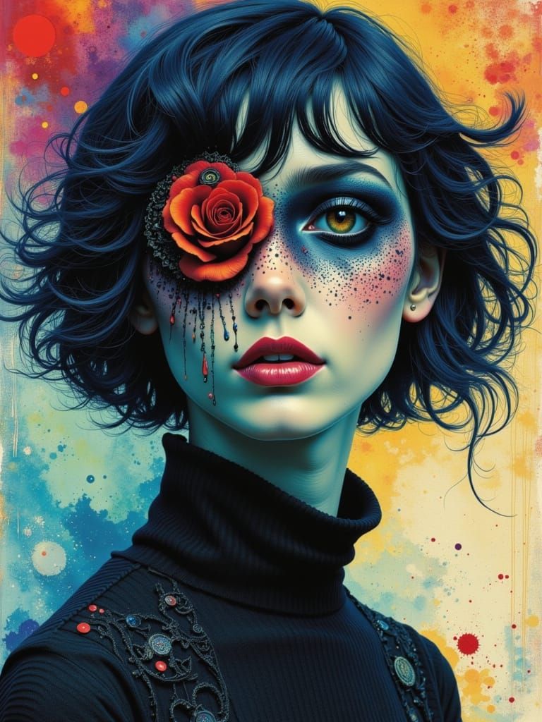 Gothic Woman with Blue Hair in Dreamcore Style