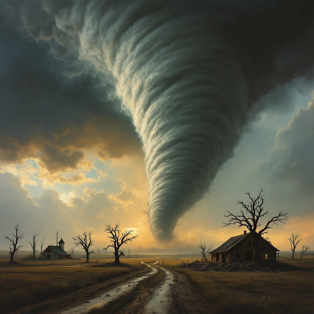 Dramatic Tornado Descends Upon Rural Kansas in Metallic-Gray...