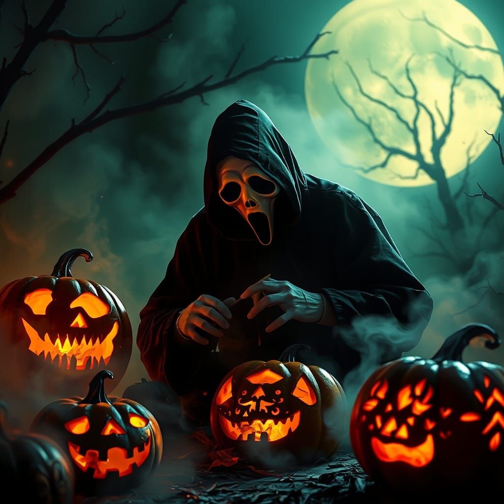 Ghostface Carving Jack-o'-Lanterns in Ethereal Moonlight