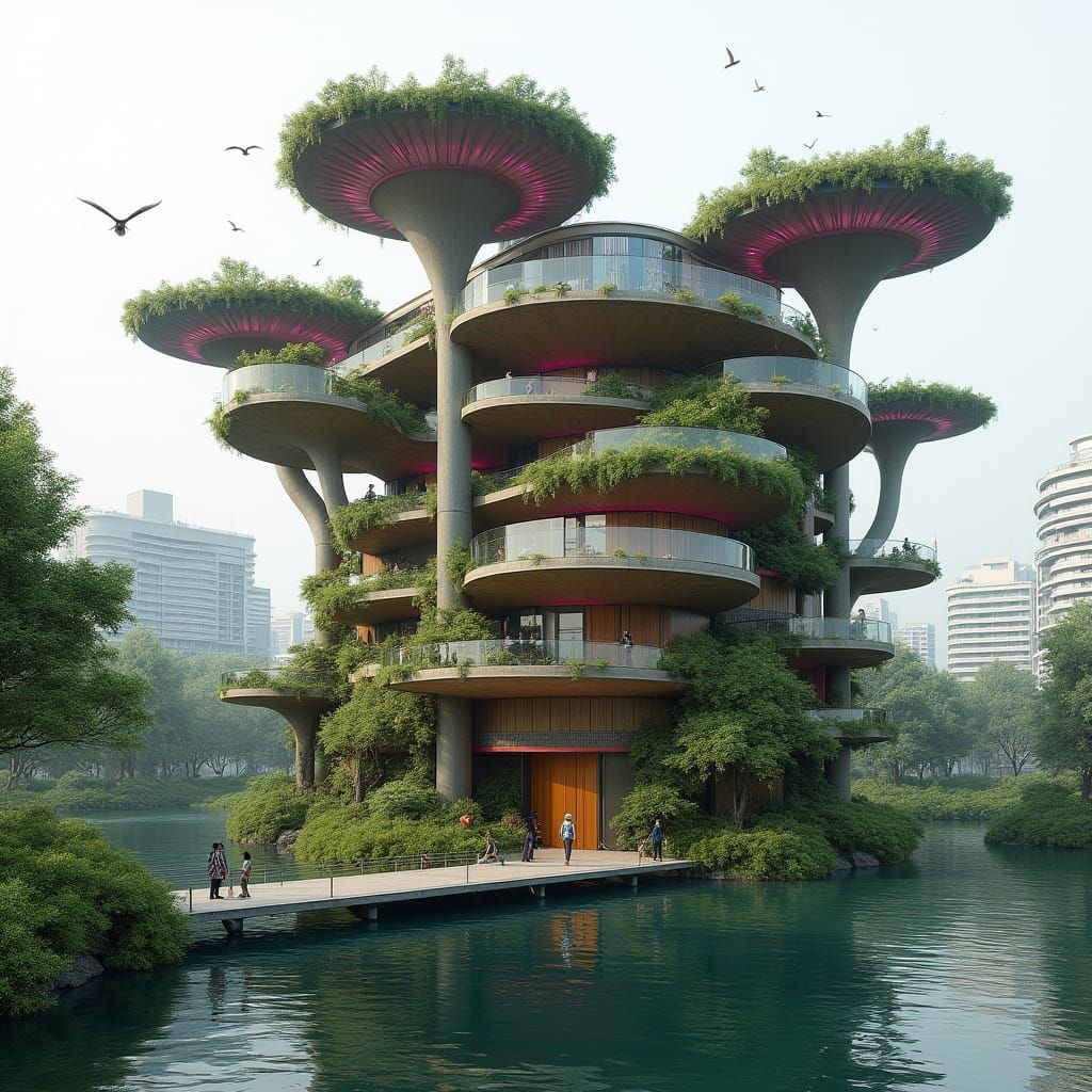 Futuristic Flower-Shaped Building with Aged Concrete and Gre...