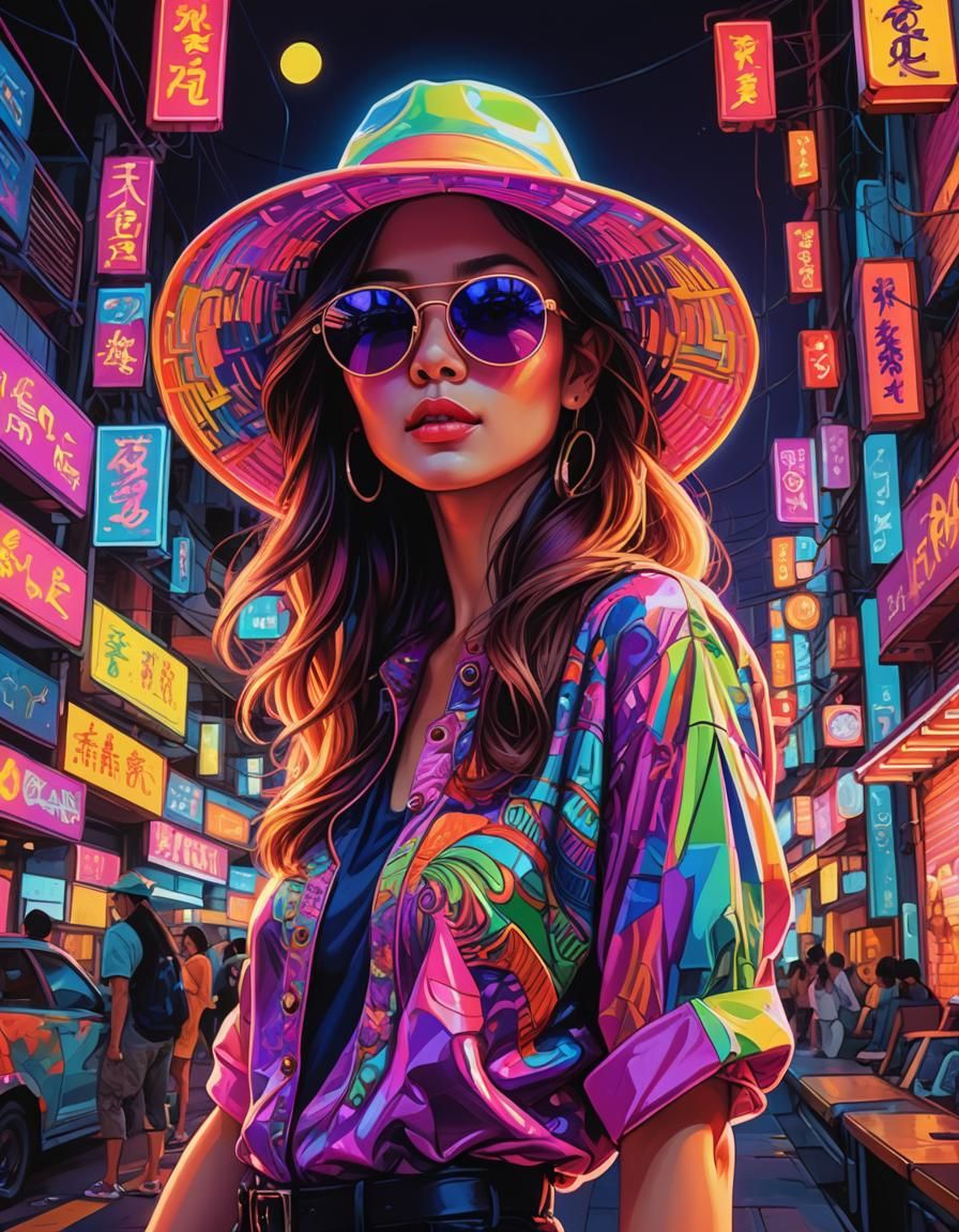 Woman in Neon Hat: Synthwave-Inspired Digital Art
