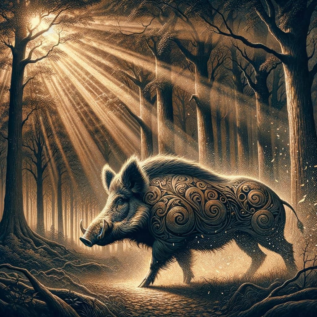 Majestic Wild Boar in Sun-Dappled Forest: Dark Fantasy Art