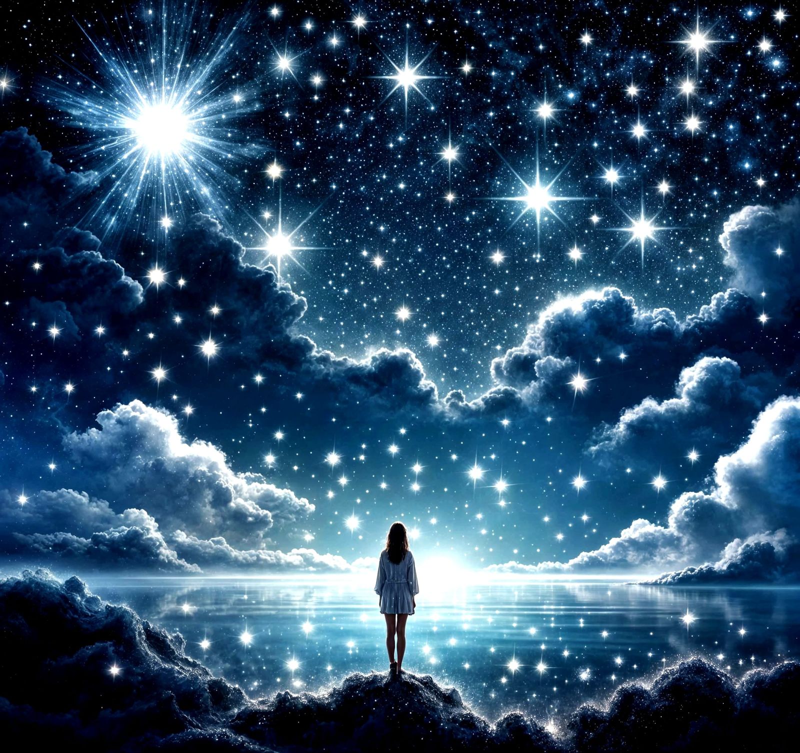 Woman of Stars in Sparkling Night Sky Over Sea